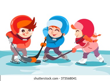 Illustration of cute cartoon boys and girl playing hockey on ice rink in park. Vector illustration isolated on white background