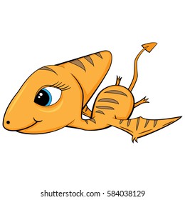 Illustration Of Cute Cartoon Of Brown Female Baby Pterodactyl Dinosaur Flying. With Shadow Color/Tone. Vector EPS 8.
