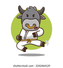 illustration of cute cartoon buffalo karate, vector design.