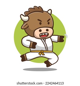 illustration of cute cartoon bull karate, vector design.