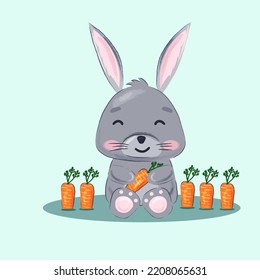 Illustration with cute cartoon bunny. Element for print, postcard and poster. Vector illustration.