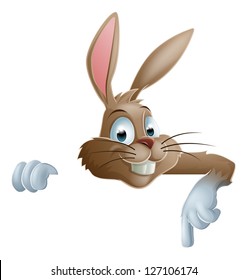 An illustration of a cute cartoon bunny rabbit peeking round from behind a sign and pointing down or showing what it says