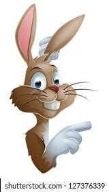 An illustration of a cute cartoon bunny rabbit peeking round from behind a sign and pointing or showing what it says