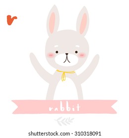 illustration of cute cartoon bunny with ribbon on white background. can be used for greeting cards and party invitations