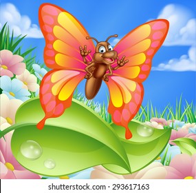 An illustration of a cute cartoon butterfly character in a summer meadow with flowers