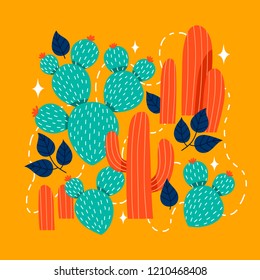 illustration of cute cartoon cacti with leaves on orange background in flat style. can be used for banners, posters or cards