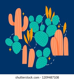 illustration with cute cartoon cacti in pastel color on navy background. can be used for cards, posters or banner for design elements