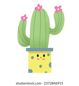 illustration of a cute cartoon cactus with a funny face in a yellow pot. Can be used for cards, invitations or as stickers