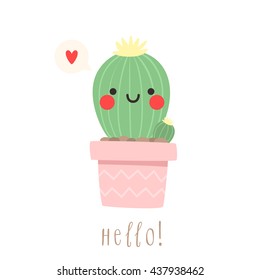 illustration of cute cartoon cactus with funny face in pot. can be used for cards, invitations or like sticker