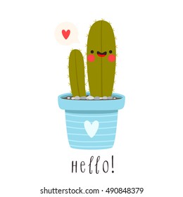 illustration of cute cartoon cactus with funny face in pot. can be used for cards, invitations or like sticker