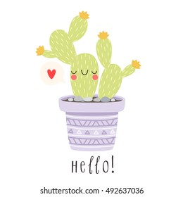 illustration of cute cartoon cactus with funny face in pot. can be used for cards, party invitations or like stickers