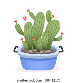 illustration of cute cartoon cactus into blue pot on white background. can be used like stickers, for greeting cards or posters