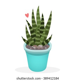 illustration of cute cartoon cactus into blue pot on white background. can be used like stickers, for greeting cards or posters