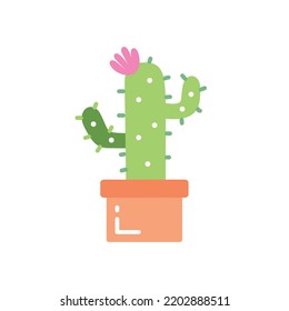 Illustration of cute cartoon cactus with pink flower in pot. Can be used for cards, invitations or like sticker. Cute colorful print. Vector illustration