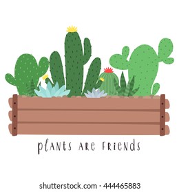 illustration of cute cartoon cactus and succulents in wood pot with plant are friends text message. can be used for cards, posters and party invitations