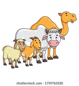 Illustration of cute cartoon camel, cow, goat, and sheep.
