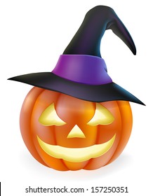 An illustration of a cute cartoon carved Halloween pumpkin lantern with happy smile and pointed witch hat 