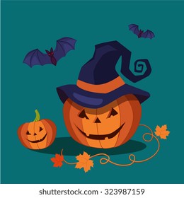 An illustration of a cute cartoon carved Halloween pumpkin with happy smile and pointed witch hat and bats 