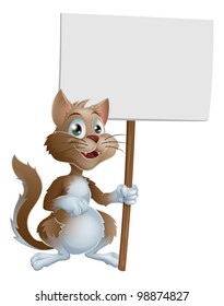 Illustration of a cute cartoon cat character holding a sign