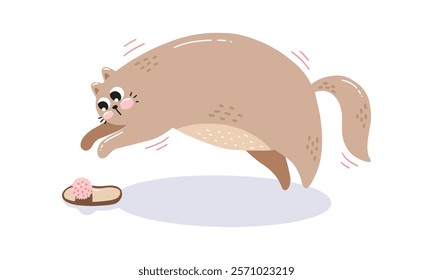 Illustration of a cute cartoon cat leaping towards a fluffy slipper, showcasing playful and humorous behavior on a white background.