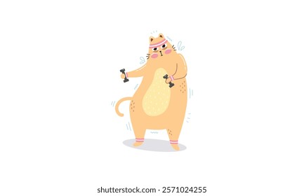 Illustration of a cute cartoon cat wearing a headband and wristbands, lifting dumbbells, showing a humorous fitness routine