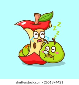 ilustração de lagarta de desenho animado bonito depois de comer maçã