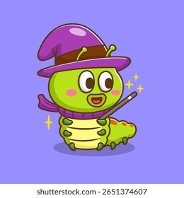 illustration of cute cartoon caterpillar become witch