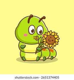 ilustração de lagarta de desenho animado bonito trazer flor