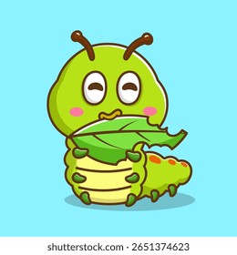illustration of cute cartoon caterpillar eating leaf