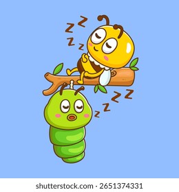 ilustração de lagarta de desenho animado bonito dormindo em árvore com abelha
