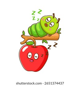 ilustração de lagarta de desenho animado bonito dormindo em macieira