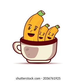 Illustration cute cartoon character banana in a coffee cup. illustration flat style. Suitable for banana product promotion, prints design, children book, children t shirt etc. design template vector
