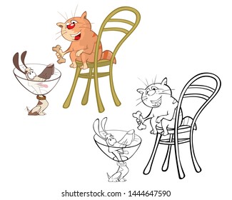  Illustration of a Cute Cartoon Character  Little Puppy and Cat for you Design and Computer Game. Coloring Book Outline Set 