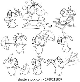 Illustration of a Cute Cartoon Character Pig for you Design and Computer Game. Coloring Book Outline Set 