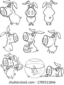  Illustration of a Cute Cartoon Character Pig for you Design and Computer Game. Coloring Book Outline Set 