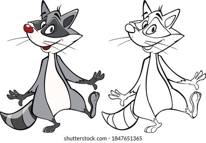  Illustration of a Cute Cartoon Character Raccoon  for you Design and Computer Game. Coloring Book Outline Set 