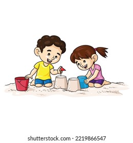 Illustration of cute cartoon of child playing sand.