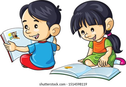 Illustration of cute cartoon children reading books.