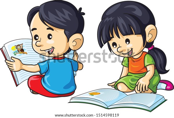 Illustration Cute Cartoon Children Reading Books Stock Vector (Royalty ...