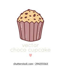 illustration of cute cartoon chocolate cupcake on white background. can be used for greeting cards or party invitations