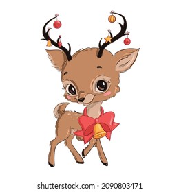 Illustration of a cute cartoon Christmas deer isolated on a white background. Cute cartoon Christmas animals.