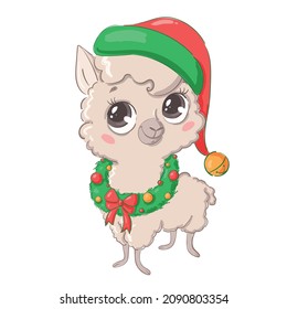 Illustration of a cute cartoon Christmas llama isolated on a white background. Cute cartoon Christmas animals.
