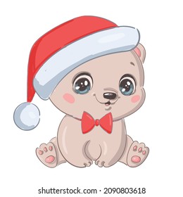 Illustration of a cute cartoon christmas polar bear isolated on a white background. Cute cartoon Christmas animals.