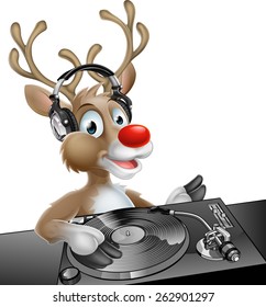 An illustration of a cute cartoon Christmas Reindeer DJ at the decks with headphones on