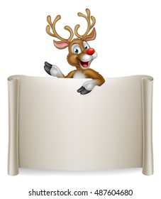 An illustration of a cute cartoon Christmas reindeer pointing at a scroll sign