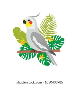 illustration of cute cartoon cockatiel with tropical leaves. can be used like stickers or other designs