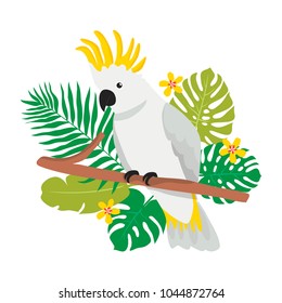 illustration of cute cartoon cockatoo on white background with tropical leafs. can be used like sticker or for other designs