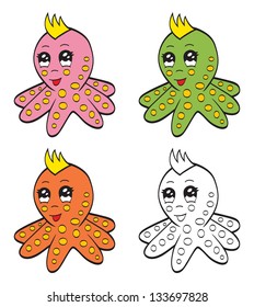 An illustration of cute cartoon colorful octopus.