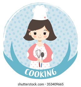 illustration of cute cartoon cooking girl with plant in hand onto circle frame. can be used for greeting cards and party invitations