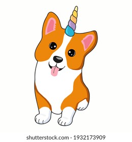 Illustration  of cute cartoon corgi dog with unicorn horn. It can be used for card, sticker, phone case, poster, t-shirt,  etc.